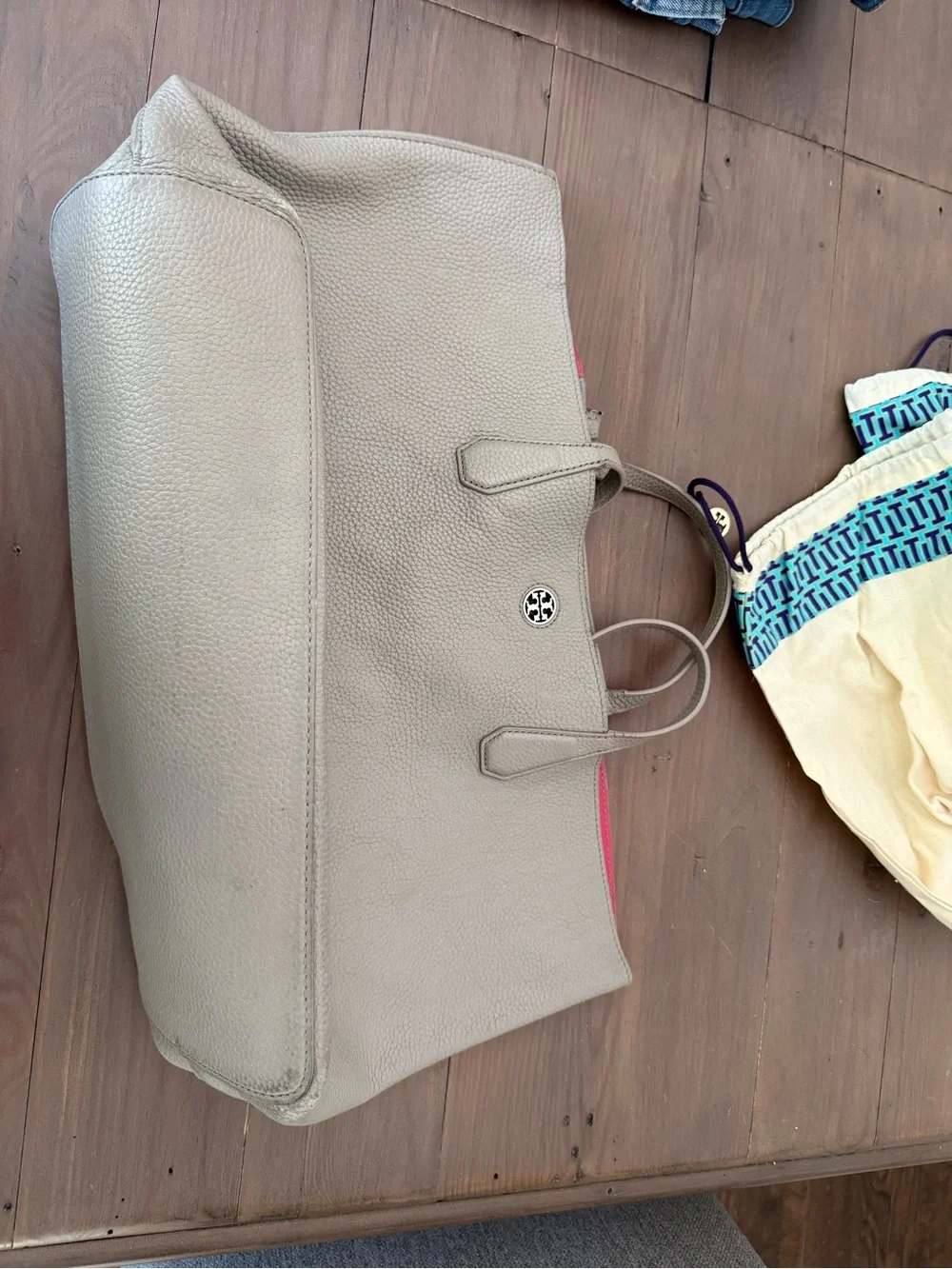 Tory Burch Pebbled Leather Tote in Taupe with Pink interior
